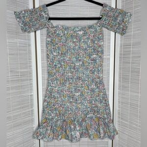 Petersyn Benson Off Shoulder Smocked Floral Mini Dress Blue Pink Size S NWT